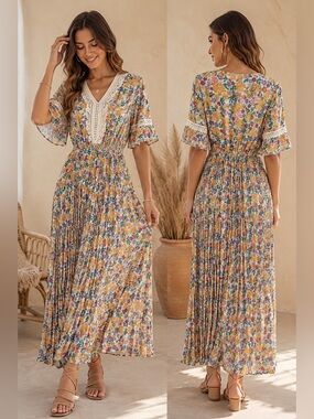 Yuna Floral Maxi Dress S/M – Crochet Trim, Bell Sleeves, Boho Chic